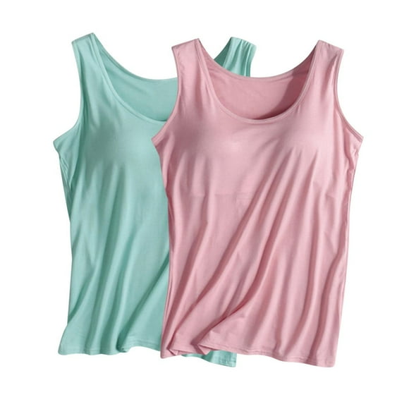 Eiyaclvo 2 Pack Tank Tops with Bulit in Bra for Women Sleeveless Scoop Neck Cami Shirts Stretch Soft Summer Tanks Yoga Workout Tank Top