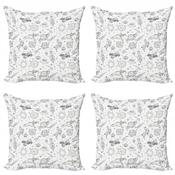 Ambesonne Cartoon Throw Pillow Cover 4 Pack, Doodle Solar System Space, 24", White Black