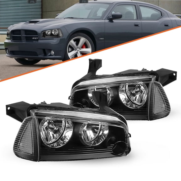 For 2006-2010 Dodge Charger Black Headlights Clear Corner Lamps Left  Right Pair