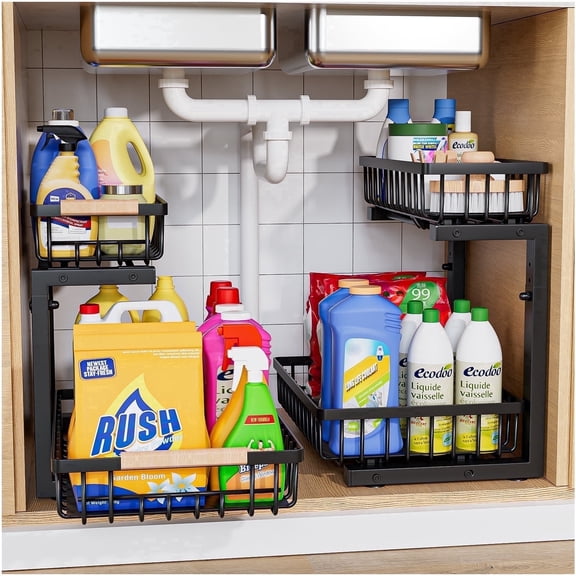 ENRUNEST Under Sink Organizer,2 Pack Under Kitchen Sink Organizer,2 Tier Sliding-Out,5 Level Height Adjustable,Thickened Carbon Steel,Anti-rust Treatment,for Kitchen Bathroom Black