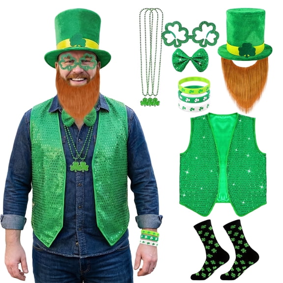 Alaiyaky 12 Pcs St Patrick's Day Costume Adult Green ST Patrick Day Costume Set Shamrock Hat with Faux Mustache St. Patrick Vest Beaded Shamrock Necklaces for Irish Party Decor