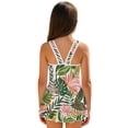 thumbnail image 2 of COEQINE Girls Tank Neck One Piece Swimsuit with Skirt & Liner, Sleeveless Wide Straps V-Back Summer Swim Dress for Swim Lessons & Water Play, Ages 8-9, Green Monstera Palm Leaf, 2 of 8