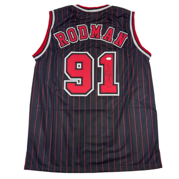 Autographed/Signed Dennis Rodman Chicago Pinstripe Basketball Jersey Beckett BAS COA