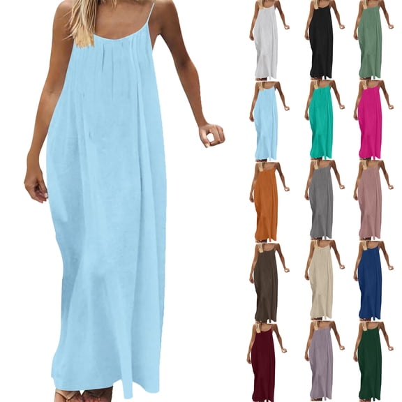Bmawag Dresses for Women Fashion Plus Size Crew Neck Solid Color Sleeveless Summer Beach Maxi Dress