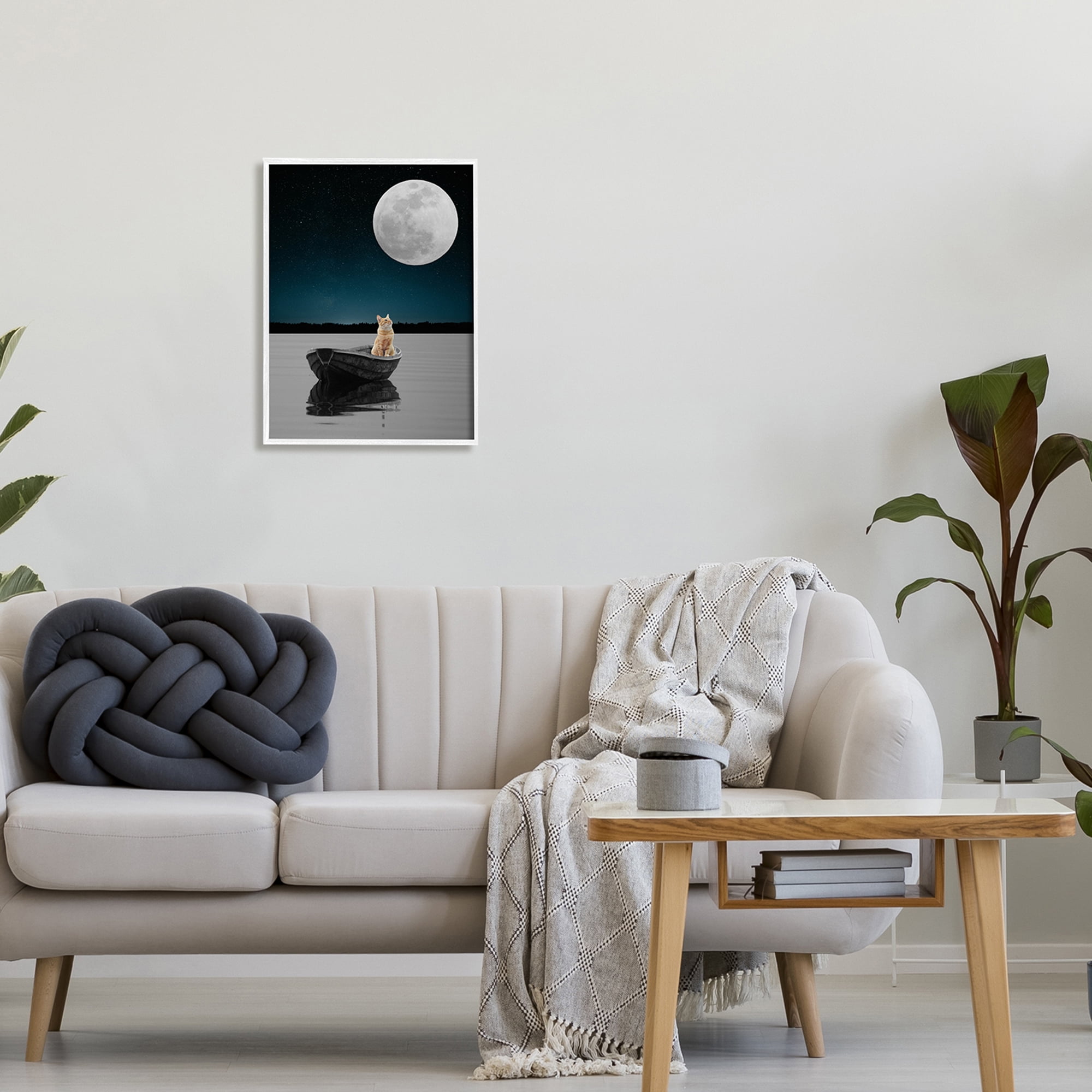 Stupell Industries Orange Cat Floating Rowboat Nighttime Moon Lake Scene , 16 x 20, Design by Atelier Posters