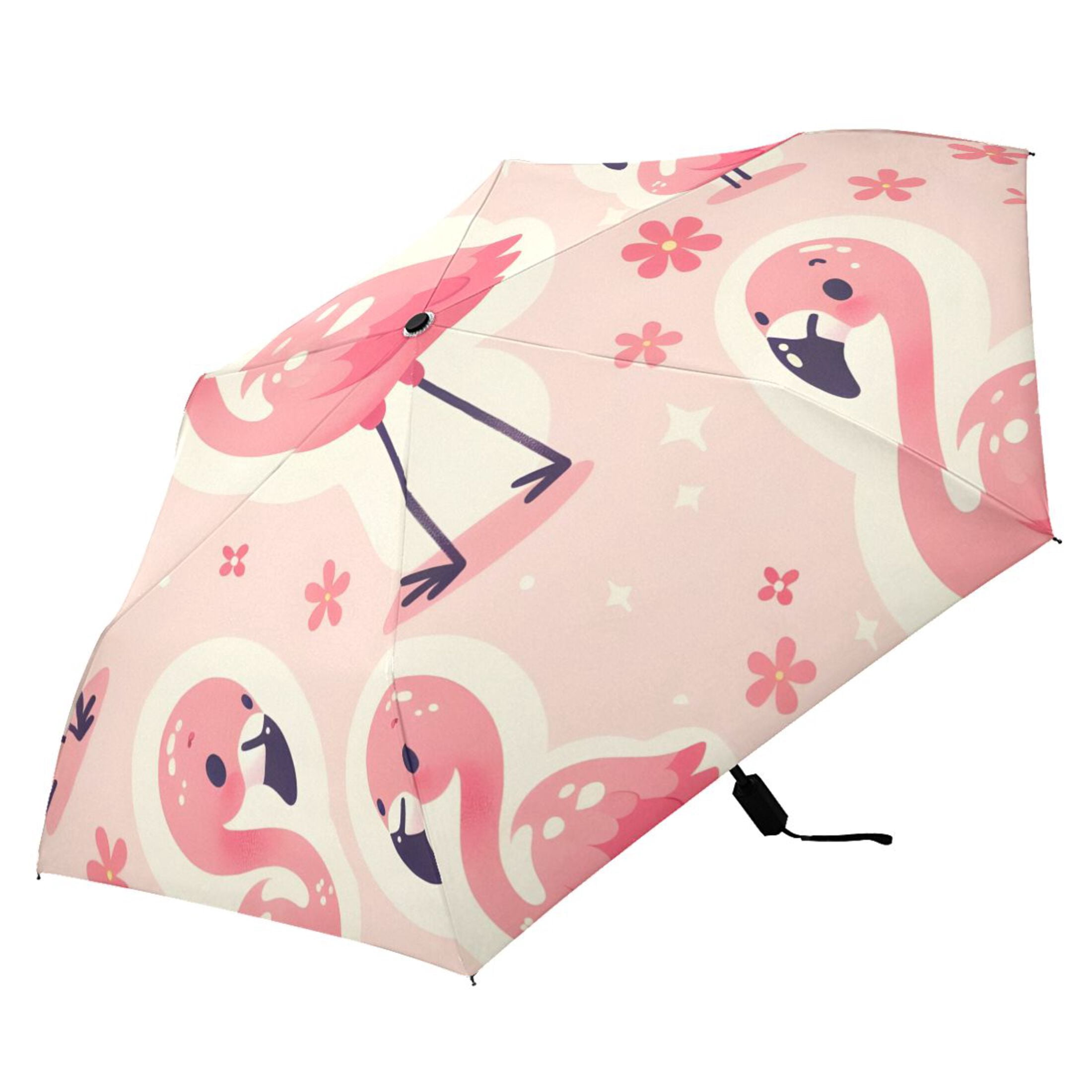 Cute Pink Flamingo and Flowers Compact Sun Umbrella Windproof Travel Umbrellas for Rain Strong Portable UV Protection