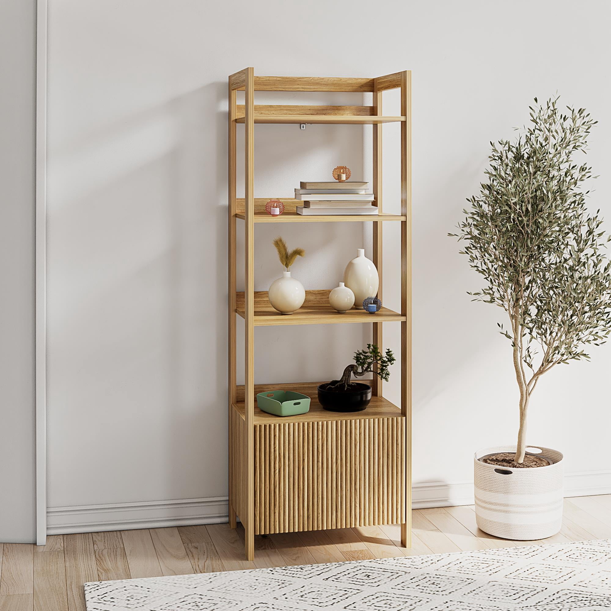 Mainstays 4-Shelf Reeded Bookcase with Drawer, Natural Teak