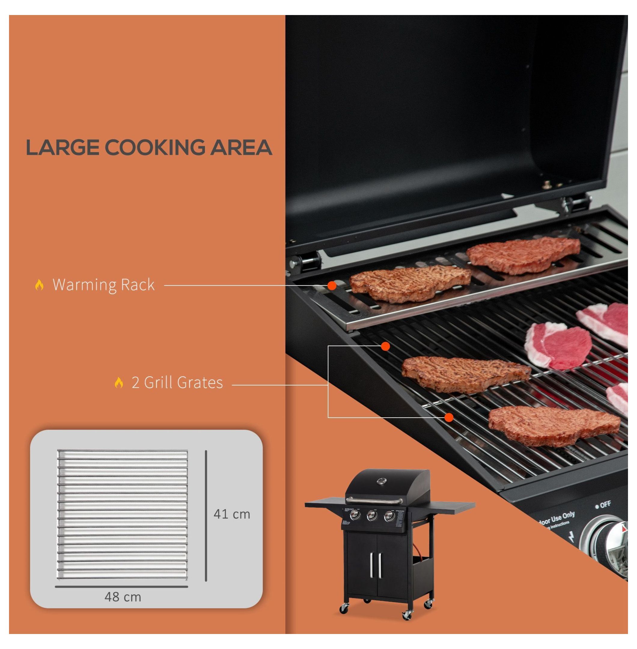 3 Burner Gas Grill Portable BBQ Trolley with Wheels Black - Outdoor Propane Grill for Patio & Camping