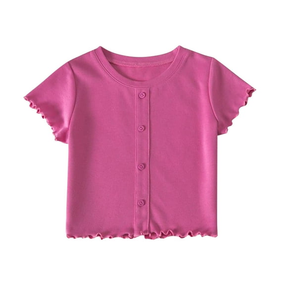 Einccm Girls Short Sleeve T-Shirt Featuring Flutter Sleeves, Ruffled Neckline, Cuffs and Hem, Button Front Design, Short Length Top for Kids Ages 2-10 Years in 4 Solid Colors