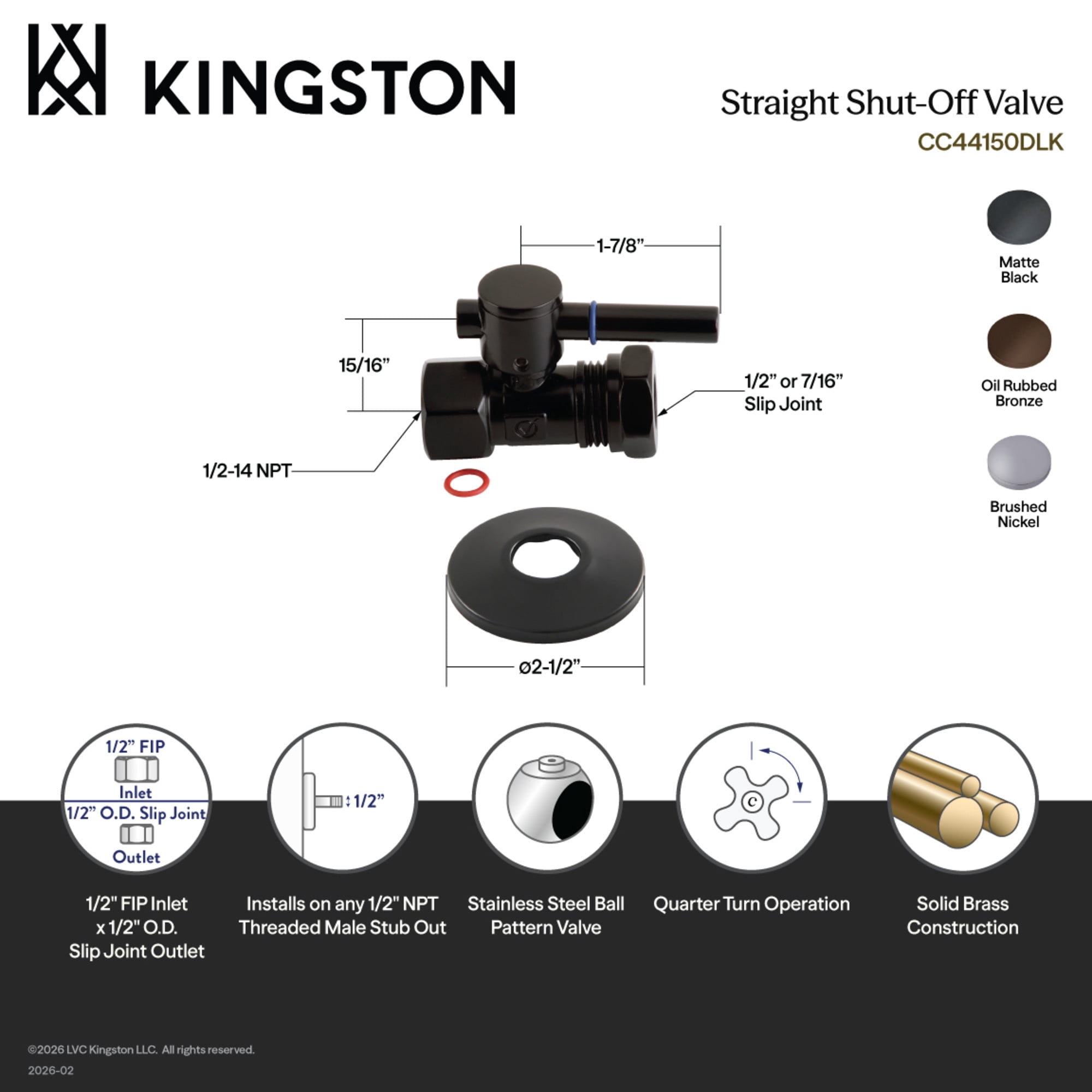 Kingston Brass CC44158DLK 1/2-Inch FIP x 1/2-Inch or 7/16-Inch Slip Joint Quarter-Turn Straight Shut-Off Valve with Flange in Brushed Nickel