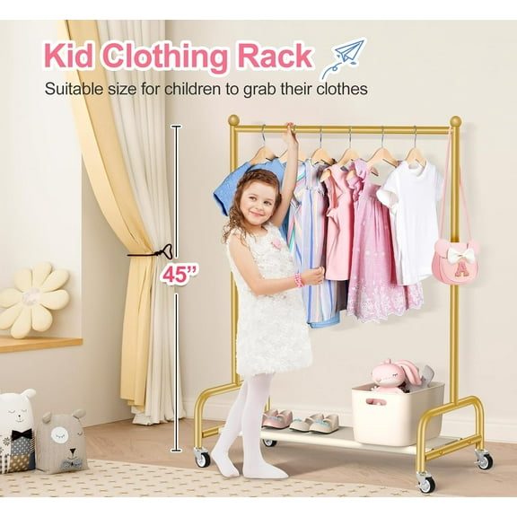 Gold Kids Dress Up Rack with Wheels, Sturdy Metal Clothing Storage for Little Girls and Toddlers