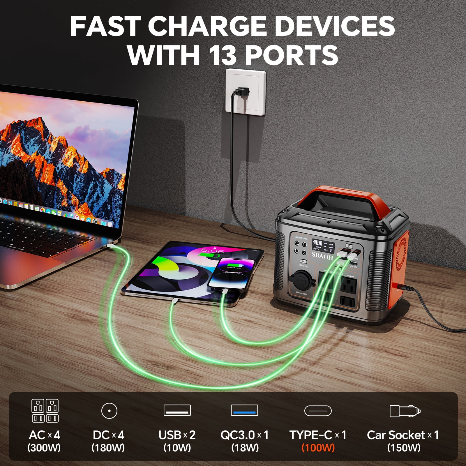 300W Portable Power Station 296Wh 80000mAh Lithium Battery Outdoor Solar Generator Quick Charge 110V AC DC Ports for Home Backup Black(with Solar Panel)