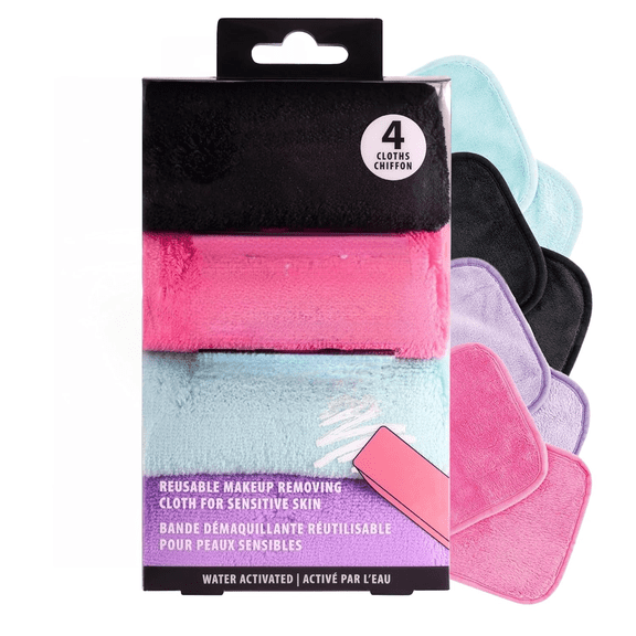 Reusable Makeup Remover Cloths - Microfiber Face Towels to Cleanse & Remove Makeup - Water Activated for Sensitive Skin - Multi-Color (4 Count)