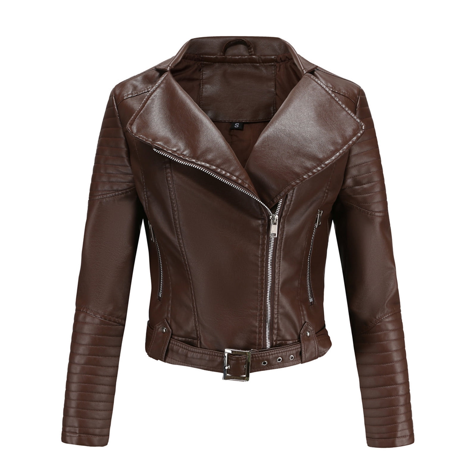 IROINNID Women's Short Faux Leather Jacket Notch Lapel Solid Color Long Sleeve Loose Warm Jacket Slim Winter Hoodless Coats, Coffee