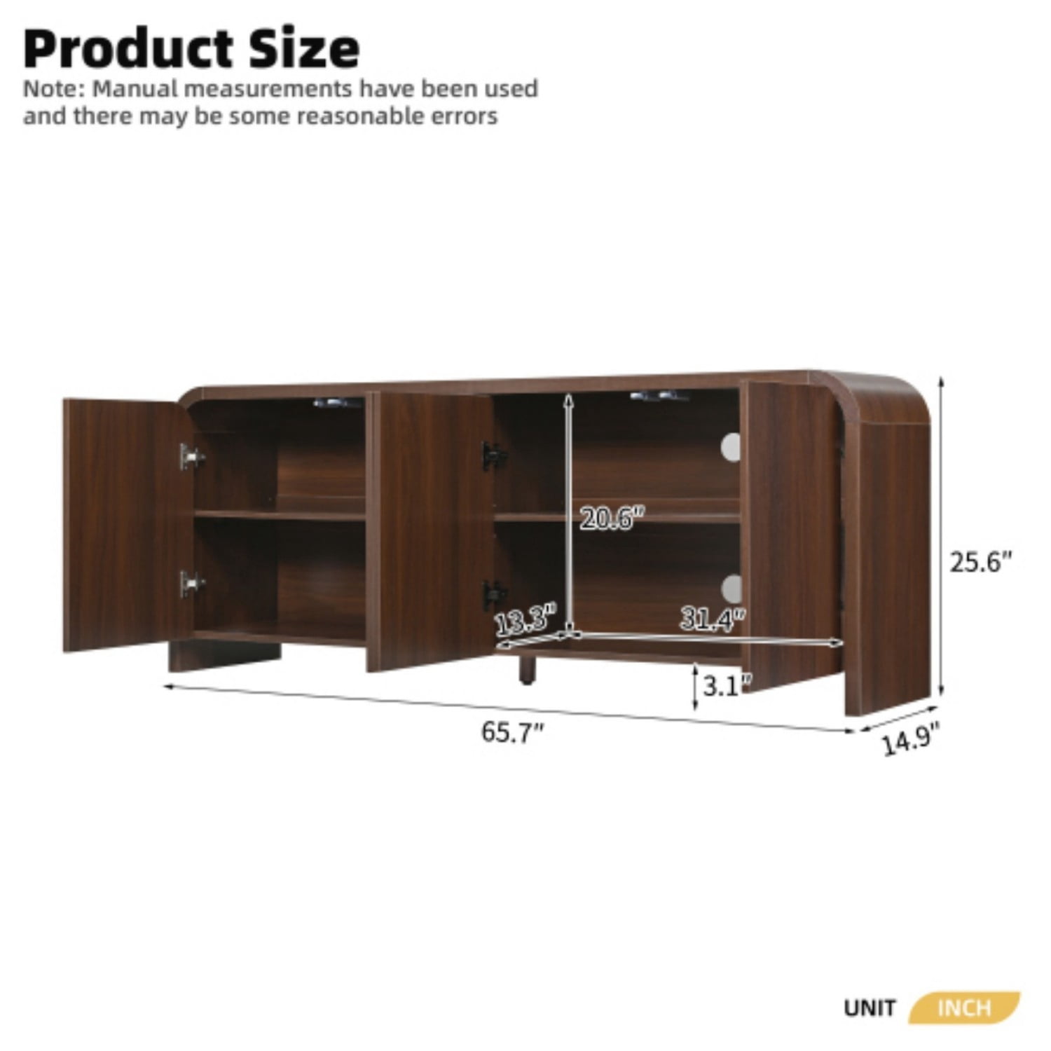 Farmhouse Curved Edge TV Stand for 70 Inch TV, Mid Century Modern Wood Grain Media Console with Adjustable Shelves, Cabinets & Cable Management for Living Room, Walnut