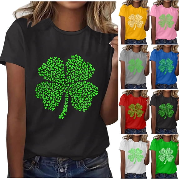 Felirenzacia Women's St. Patrick's Day Heart Shamrock Graphic T-Shirt Casual Crew Neck Short Sleeve Tee Black,L