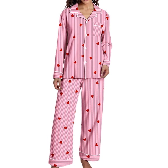 SJLDQY Valentines Women's Pajamas Set 2 Peice Pjs Set for Women Valentine's Day Love Heart Graphic Long Sleeve Pajama Tops Pants Soft Comfy Homewear Sleepwear Outfits