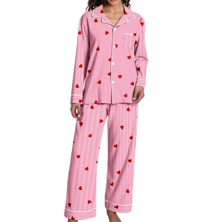 Bibifish Womens Pajama Sets Pink Stripe & Red Heart Printed Long Sleeve Sleepwear Sets Button Down Pj Top With Pants Cute 2 Piece Nightwear Sets