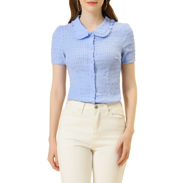 CAMISA SUAVE DE BOTONES CON COLLAR DULCE DE MUJERES VINTAGE INSPIRAR CHIC M AZUL MORADO