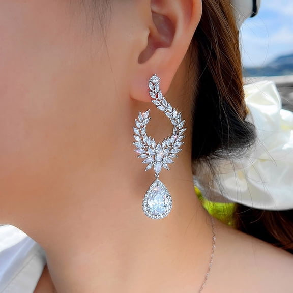 CWWZircons Long Leaf Drop Wedding Earrings Silver Plated Cubic Zirconia Women Jewelry