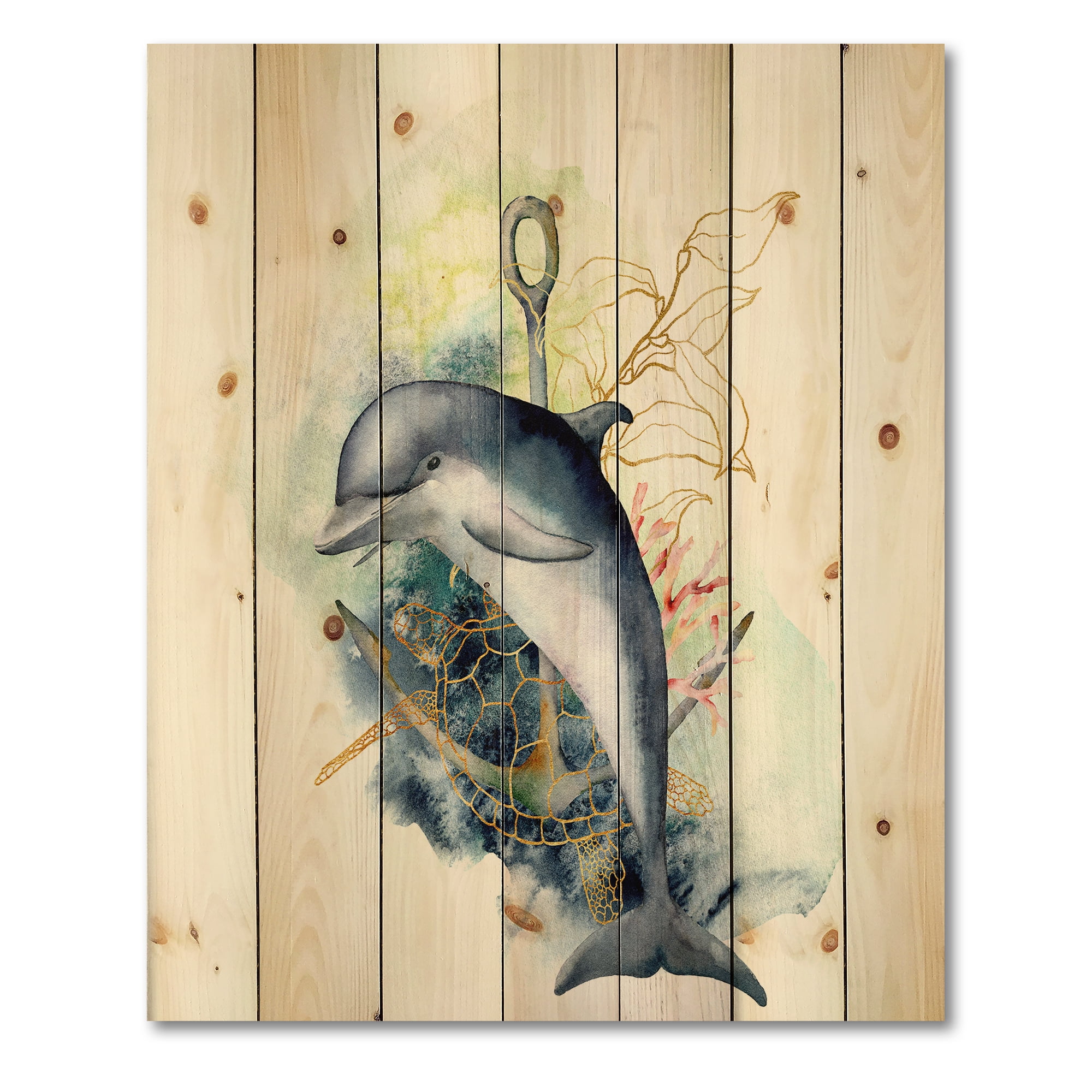 Designart 'Linear Coral Reef Plants and Dolphin Turtle Anchor' Nautical & Coastal Print on Natural Pine Wood