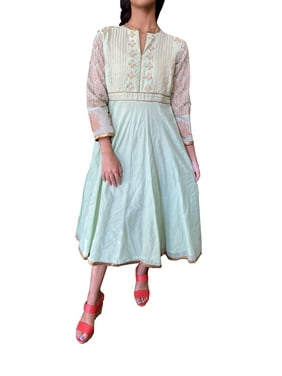 Mogul Women Tunic Dress Green Gold Flared Dress Summer Fit Flare Bohemian Ethnic Printed Kurti S