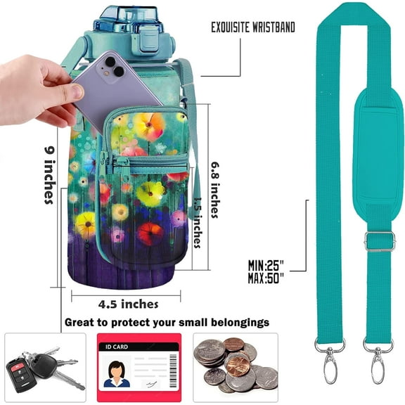 Half Gallon Water Bottle with Sleeve Water Bottle 64 Oz Water Bottle with Time Marker, 1/2 Gallon Water Bottles Half Gallon Water Bottle with Straw and Gym Yoga 1/2 Gallon Water Jug for Women Floral