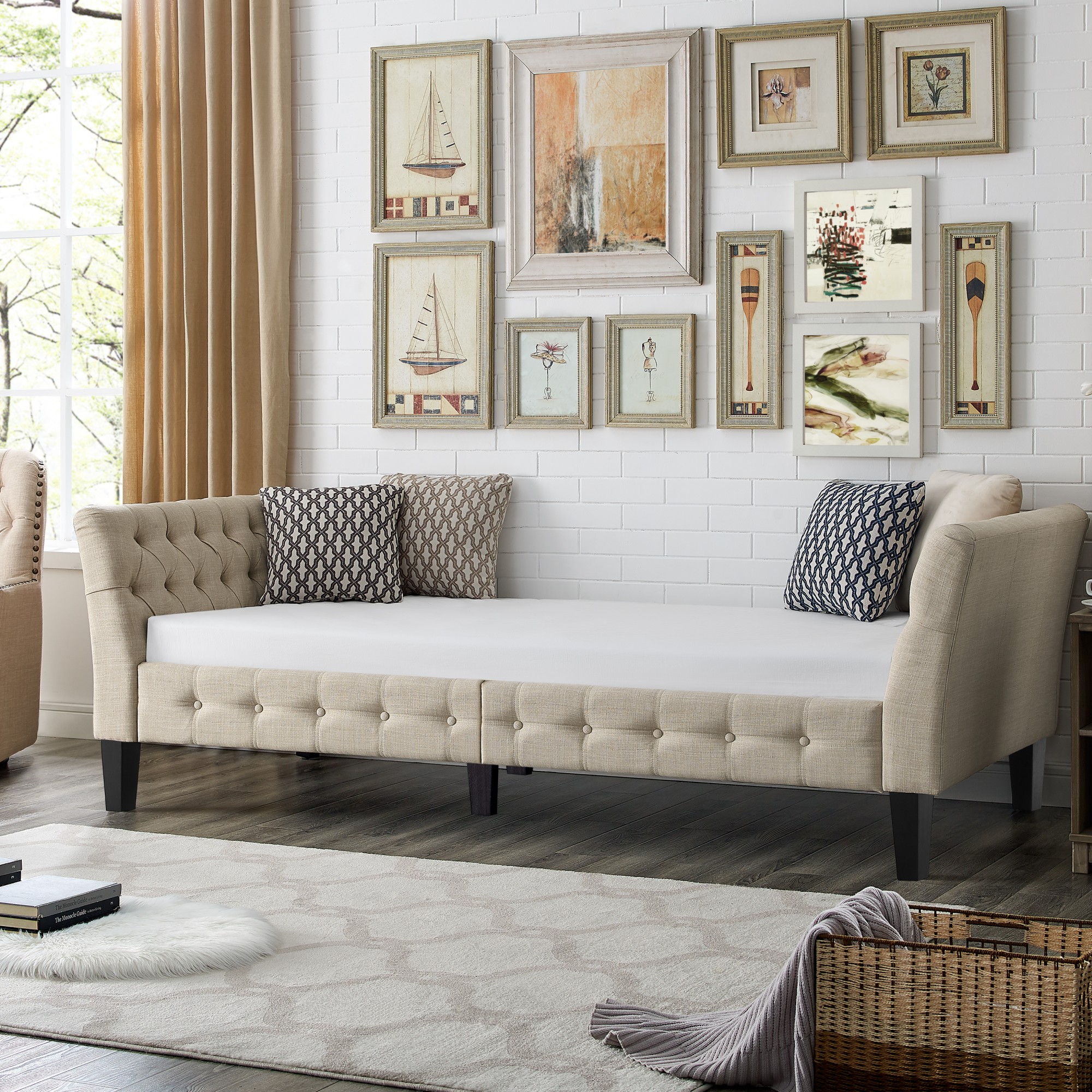 Gewnee Beige Twin Size Sofa Bed, Linen Upholstered with Solid Rubber Wood Legs for Living Room, Apartment, Guest Room