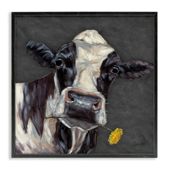 Stupell Industries Cow with Yellow Daisy Animals Painting Black Framed Art Print Wall Art, 12 x 12