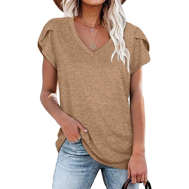 Camisetas casuales de manga de pétalo de verano con cuello en V para mujer Ormromra WRMH-1246-4