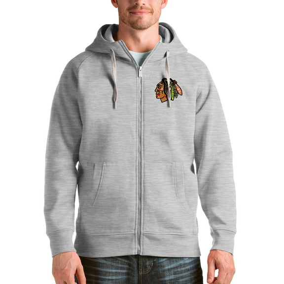 Men's Antigua Heathered Gray Chicago Blackhawks Logo Victory Full-Zip Hoodie