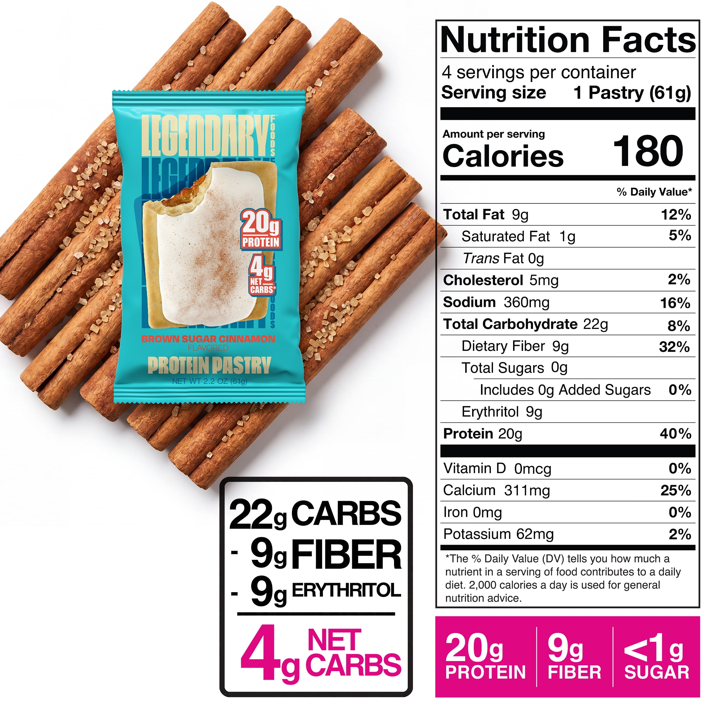 Legendary Foods Protein Pastry - Brown Sugar Cinnamon 4 Pack | Protein Snack | Gluten-Free| Keto Friendly
