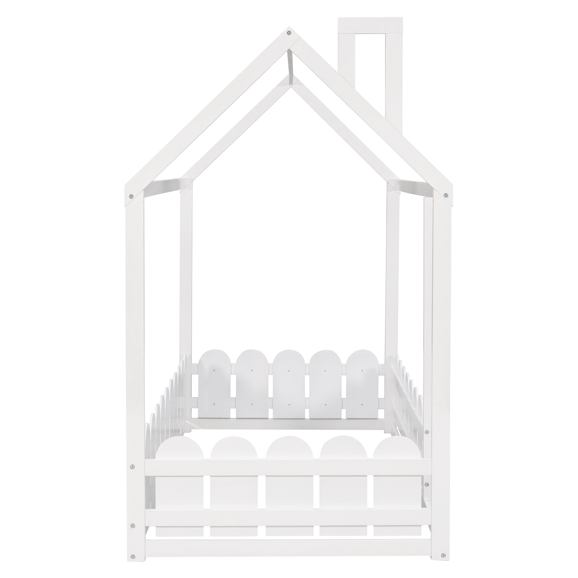 Euroco Wood Twin Size House Platform Bed with Guardrails, White