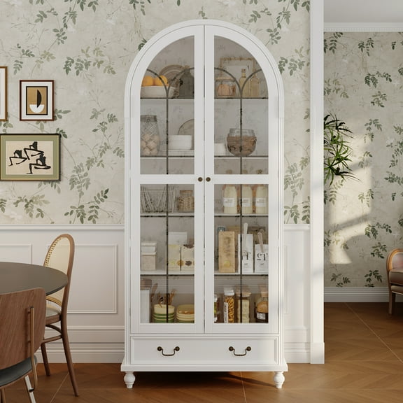 WIAWG 77.2" Tall Arched Kitchen Pantry with 5-Tier Shelves, Modern Wood Kitchen Storage Cabinets with Drawer, Vintage Handles & Wooden Legs, White