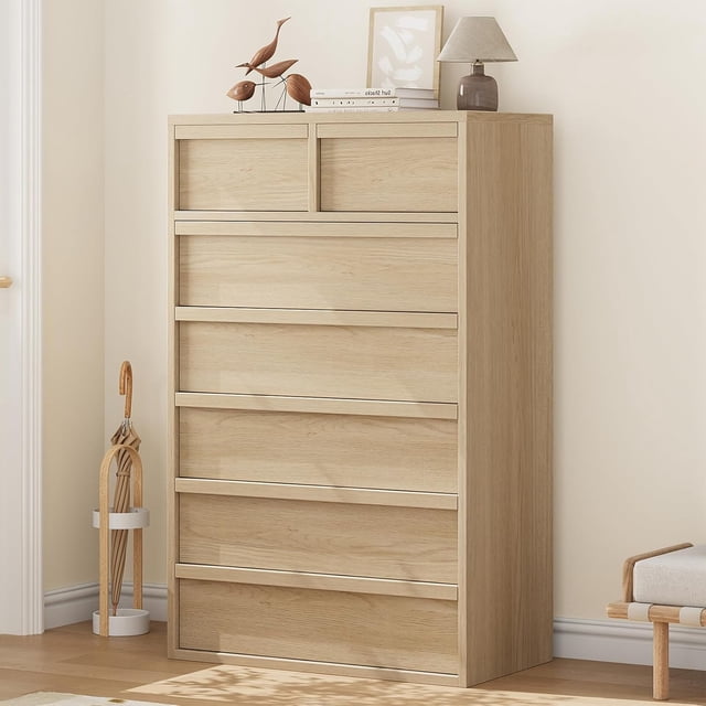 Memoryfield Commode à 7 Tiroirs pour Chambre, Commode Moderne avec Grand Rangement, Table de Chevet en Bois Table d'Appoint pour Chambre de Bébé, Salon et Entrée, Naturel