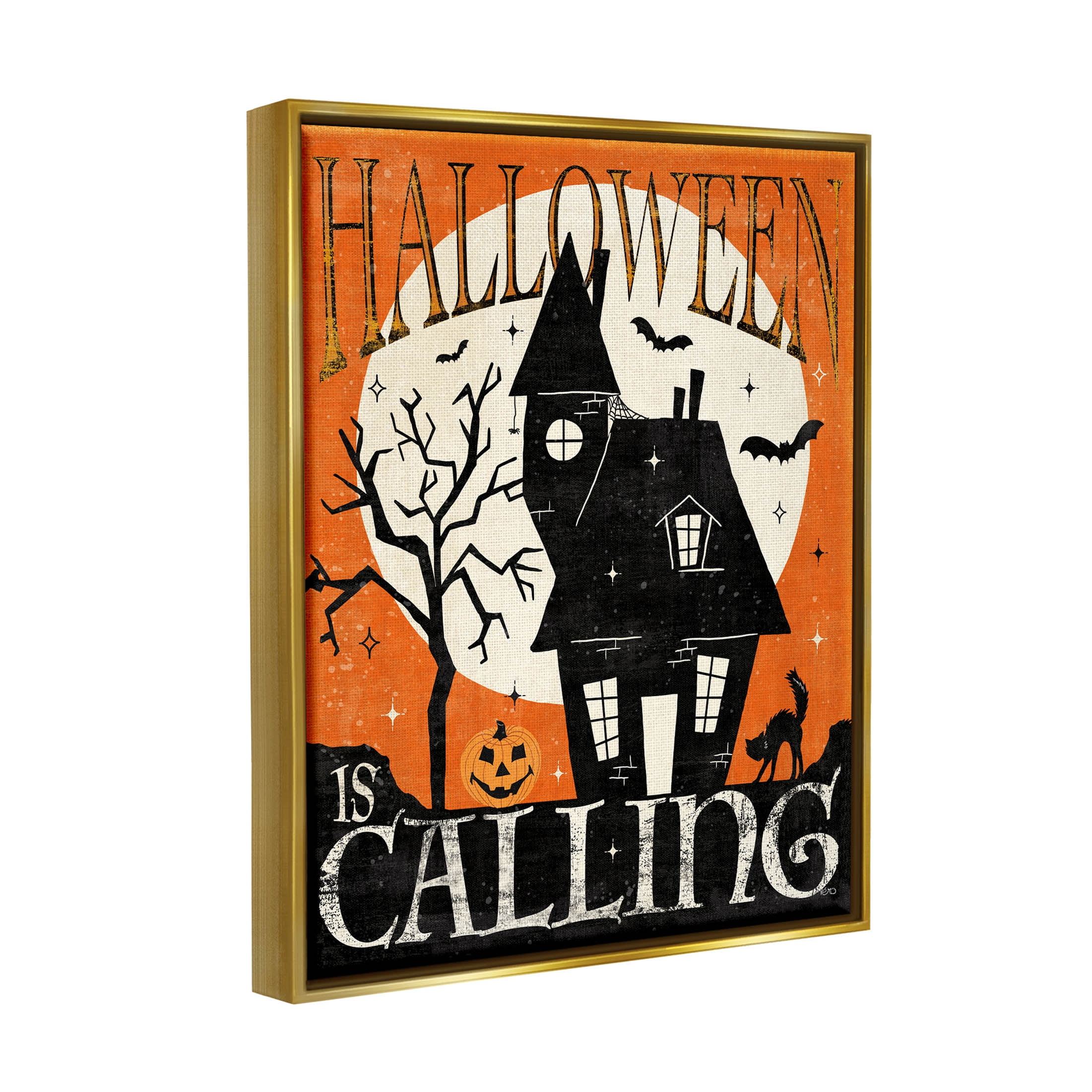 Stupell Industries Halloween Is Calling Haunted House Graphic Art Metallic Gold Floating Framed Canvas Print Wall Art, Design by Veronique Charron