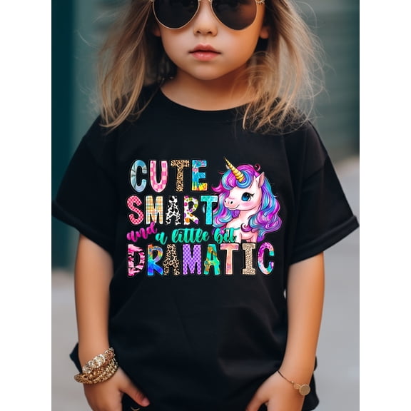 children’s wear Cute Smart and a Little Bit Dramatic Girls T-Shirt Funny Unicorn Graphic Tee Colorful Leopard Print Retro Kids Toddler Summer Cotton Top