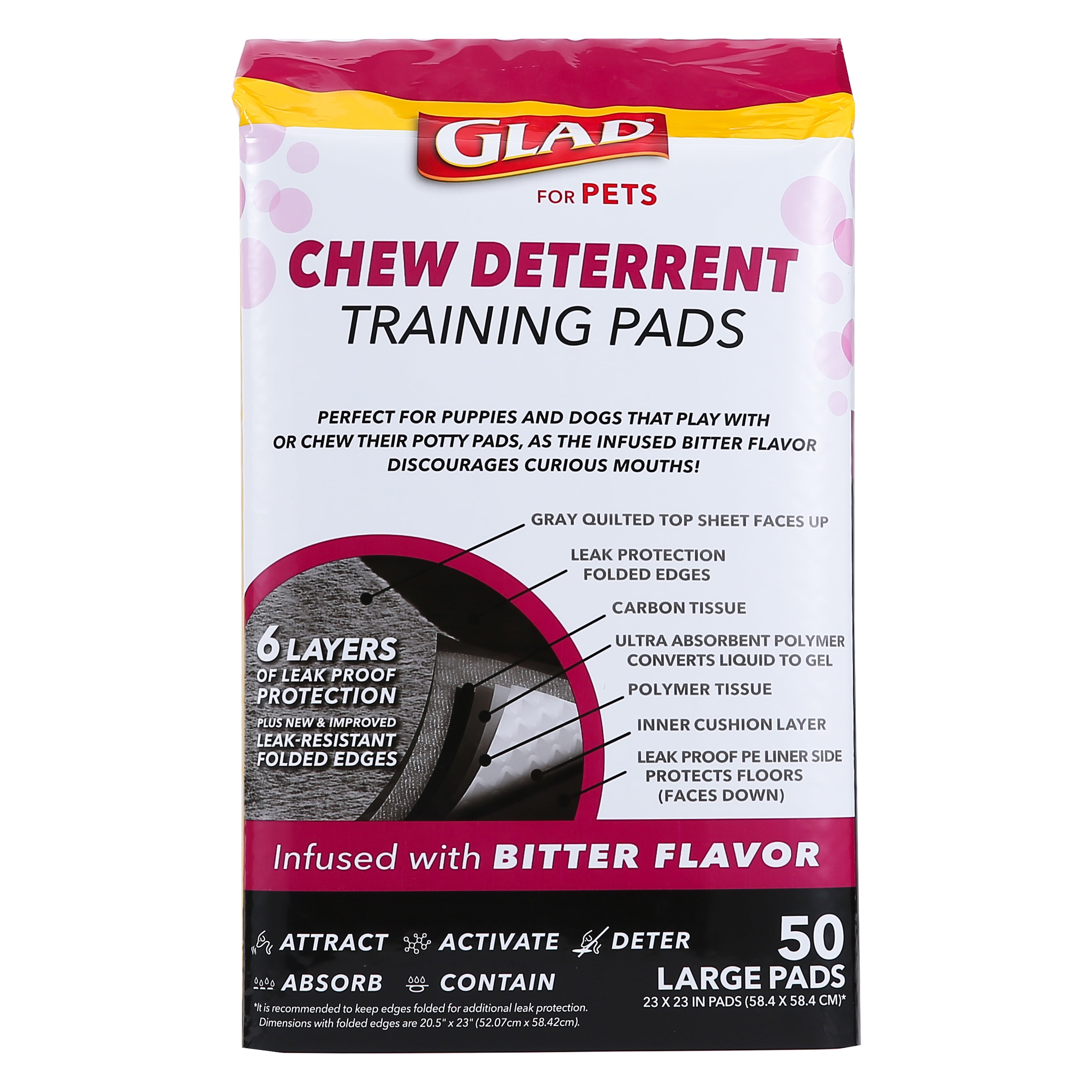 Glad Activated Carbon Puppy Dog Training Pads with Chew Deterrent & Odor Control 23”x23” 50ct