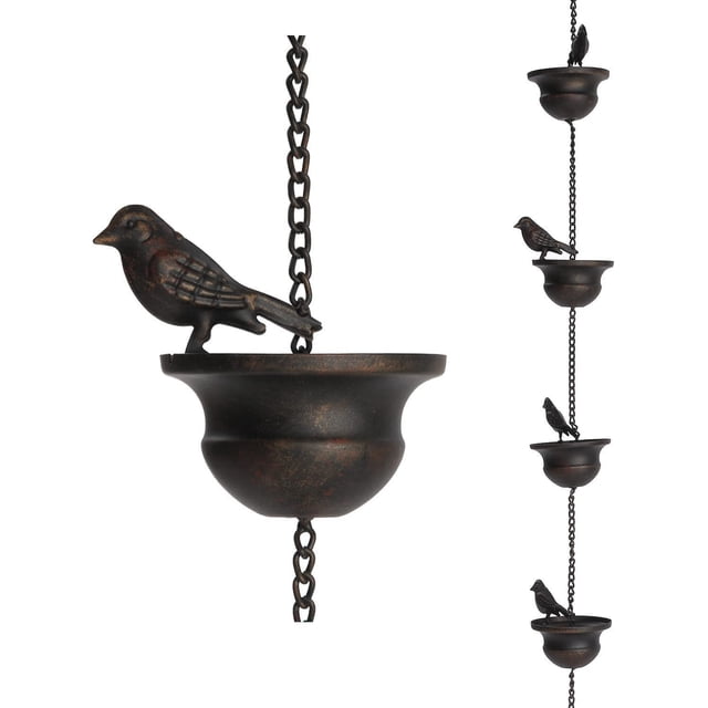 JilgTeok 5 Packs Mobile Bird Rain Chain for Gutter Downspout Outdoor Decorative Garden Yard Hanging Water Feature with Cute Birds and Cups Rustproof Iron Design