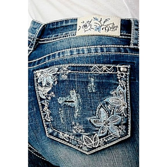 Grace in LA Women's Floral Embroidered Pockets Distressed Bootcut Stretch Jeans (25, Blue)