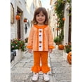 thumbnail image 4 of RUINIXCW Toddler Bbay Girl Halloween Outfit Infant Baby Girl Fall Clothes Ghost Pumpkin Embroidery Plaid Babydoll Shirt Tops and Flared Pants 2 Pieces Set, 4 of 9