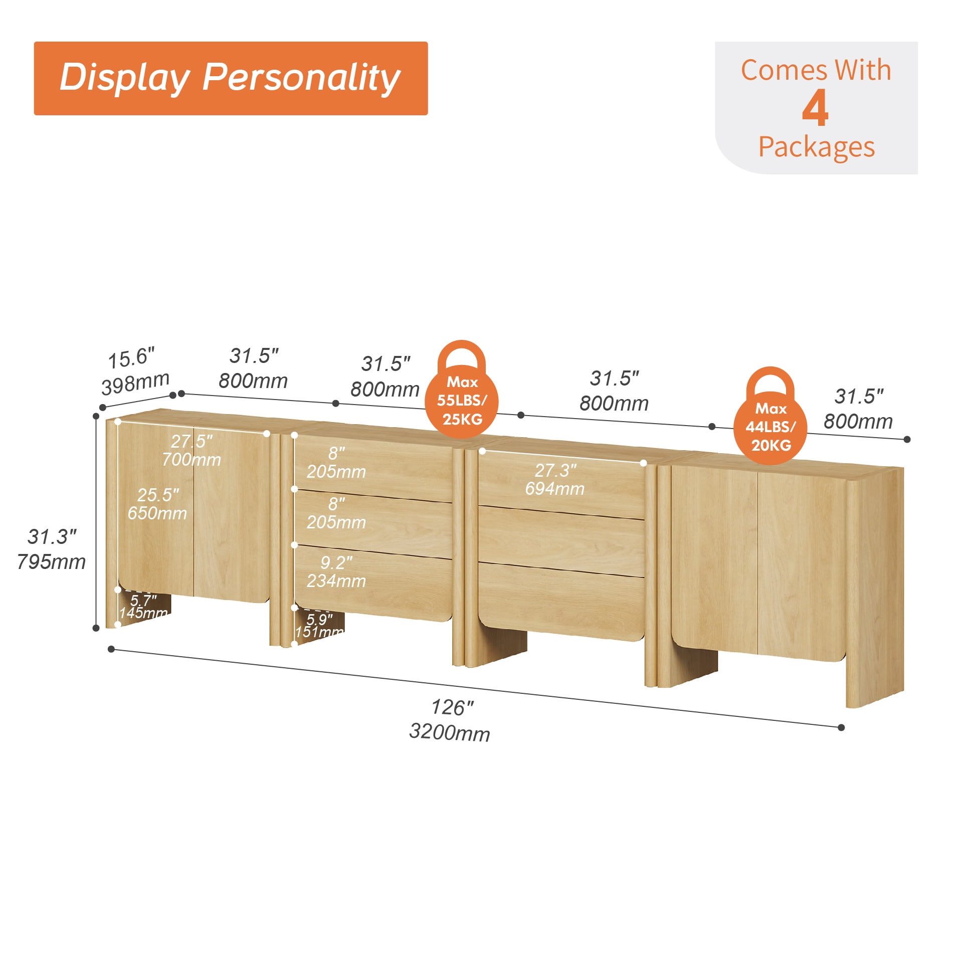 Modern French TV Stand, 126-Inch 4-Piece Media Console with 4 Doors and 6 Drawers, Supports TVs up to 130 Inches, Oak