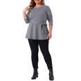 thumbnail image 2 of Blusa de mujer de talla grande con mangas largas y diseño de pata de gallo, con cinturón y lazo en la cintura, 3X, azul oscuro, 2 of 6