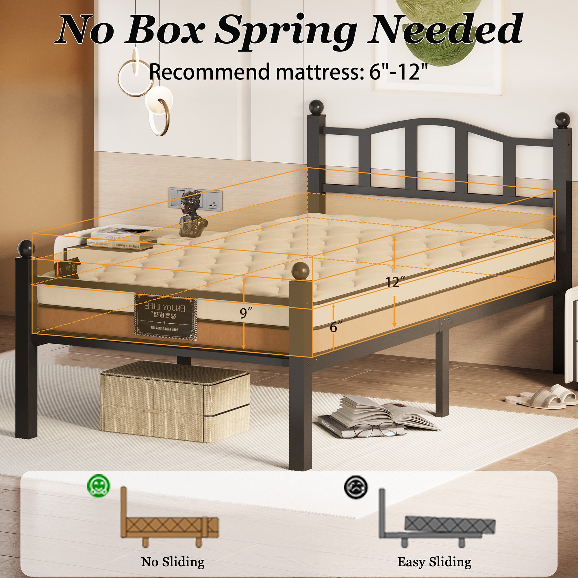 S.Tcak Metal Twin Size Bed Frame with Headboard, Heavy Duty, 12in Under Bed Storage, Easy Assembly, Black