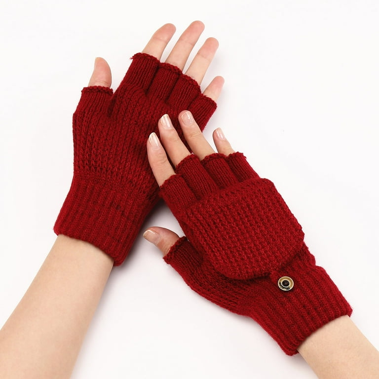 Winter Red Knit Convertible Fingerless Gloves Wool Thermal Unisex
