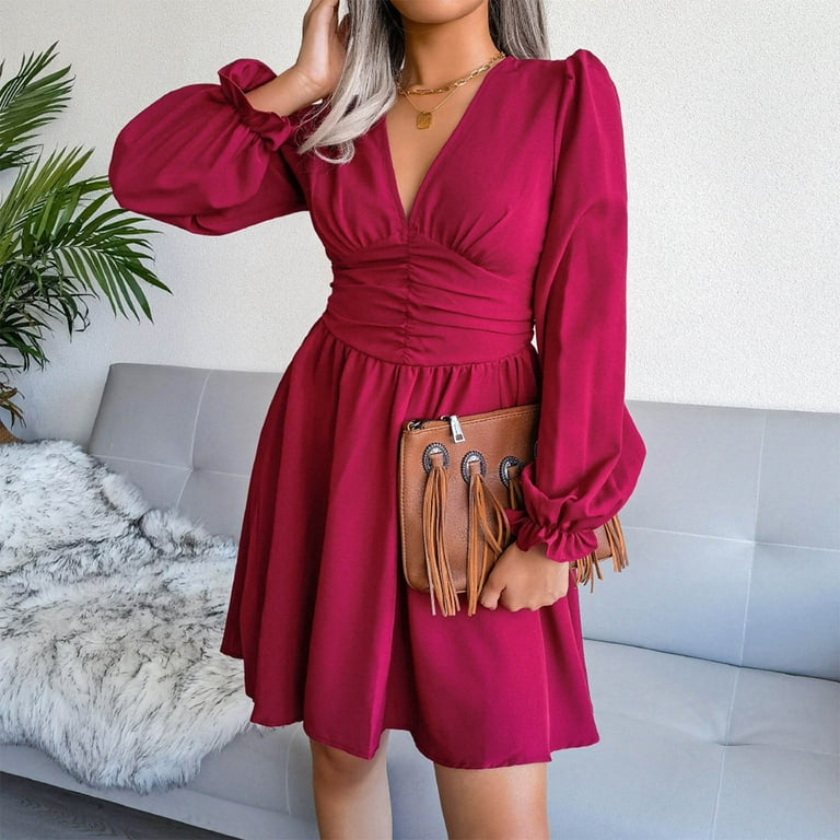 gakvbuo Fall Dresses for Women 2022 Long Sleeve Dress for Women Wedding  Guest Slim Tunic Dreses V Neck Ruffle Knee Length A-Line Casual Draped  Chiffon Pleated Wrap Mini Dress - Walmart.com