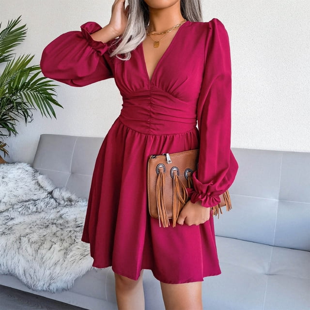 Robe Plissée en Chiffon Sexy à Col en V pour Femmes Automne et Hiver