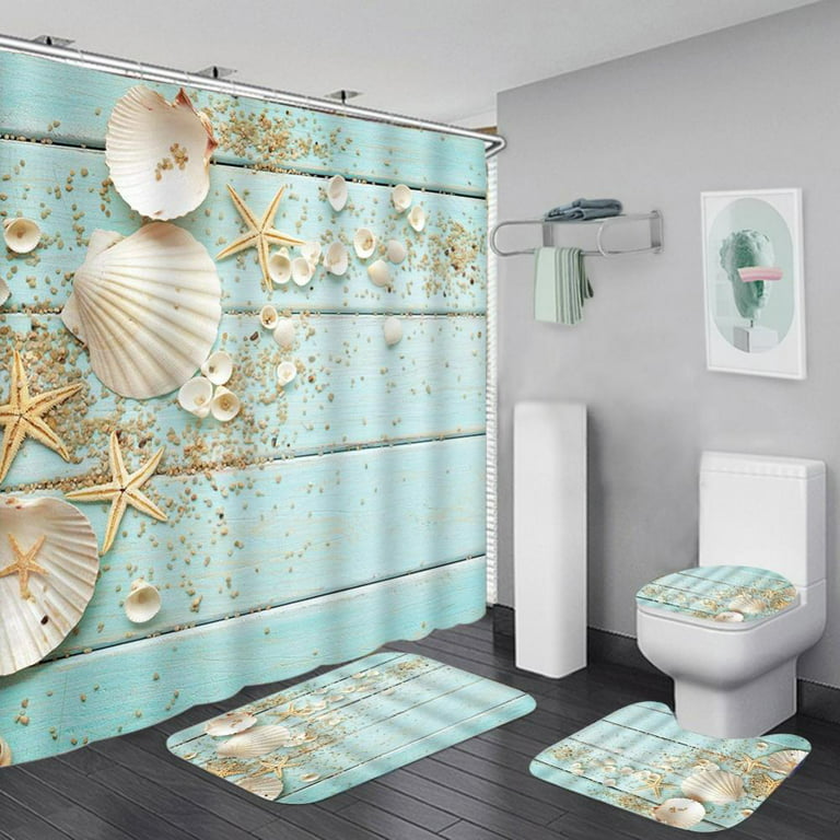 Xinhuaya Sea Shell Shower Curtain Waterproof Beach Curtain Decor Bathroom  Set + 12 Hooks Rings Home Decor Christmas Gift, 72x72