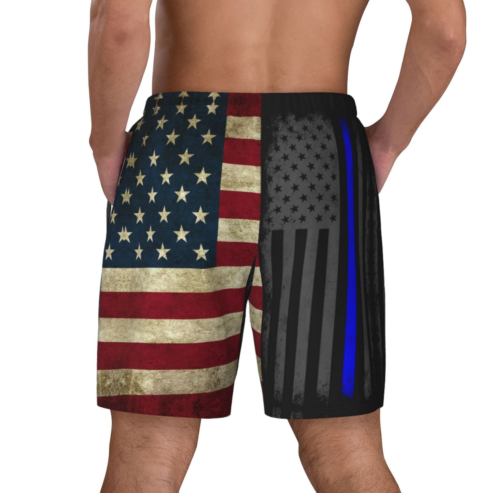 Men's America Thin Blue Line Flag Swim Trunks with Compression Liner Bathing Suit Swimwear