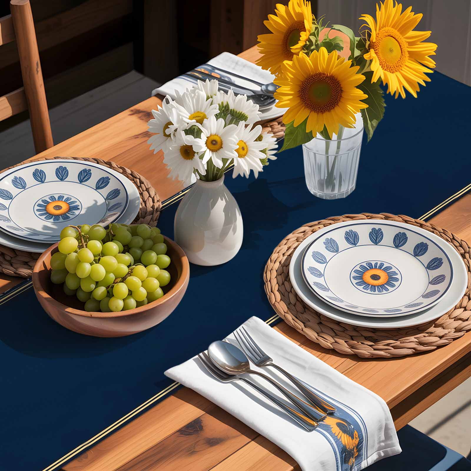 Retro Golden Flower Border Table Runner, Navy Blue Vintage Kitchen Table Runners Dress Scarves for Table Decorations Party/Restaurant/Indoor Outdoor Use, 13x120in